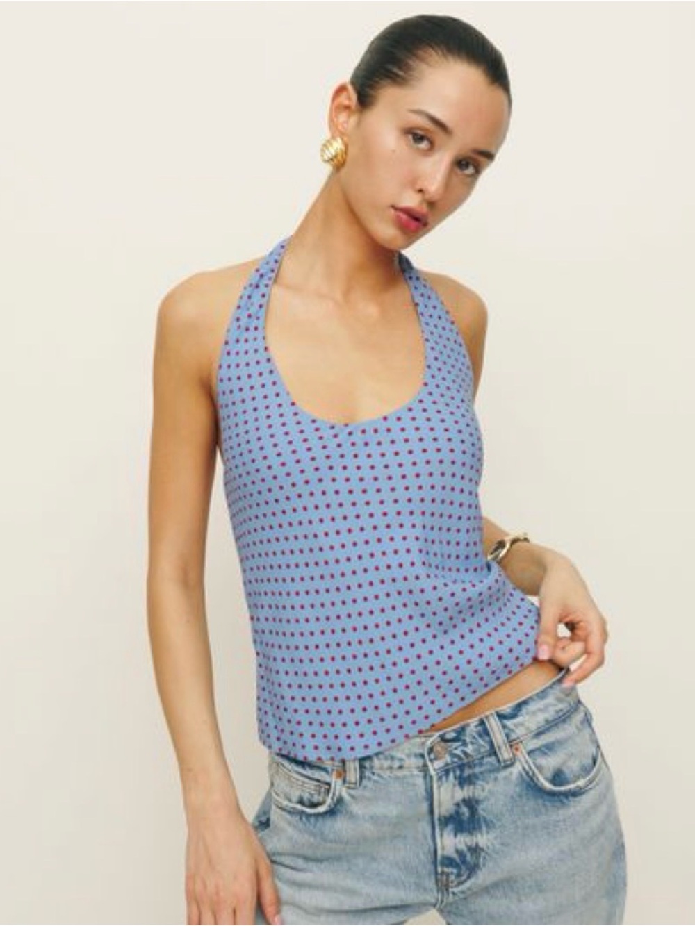 Reformation Kylo top- XS - Blue Halter Tank with Red Polka Dots